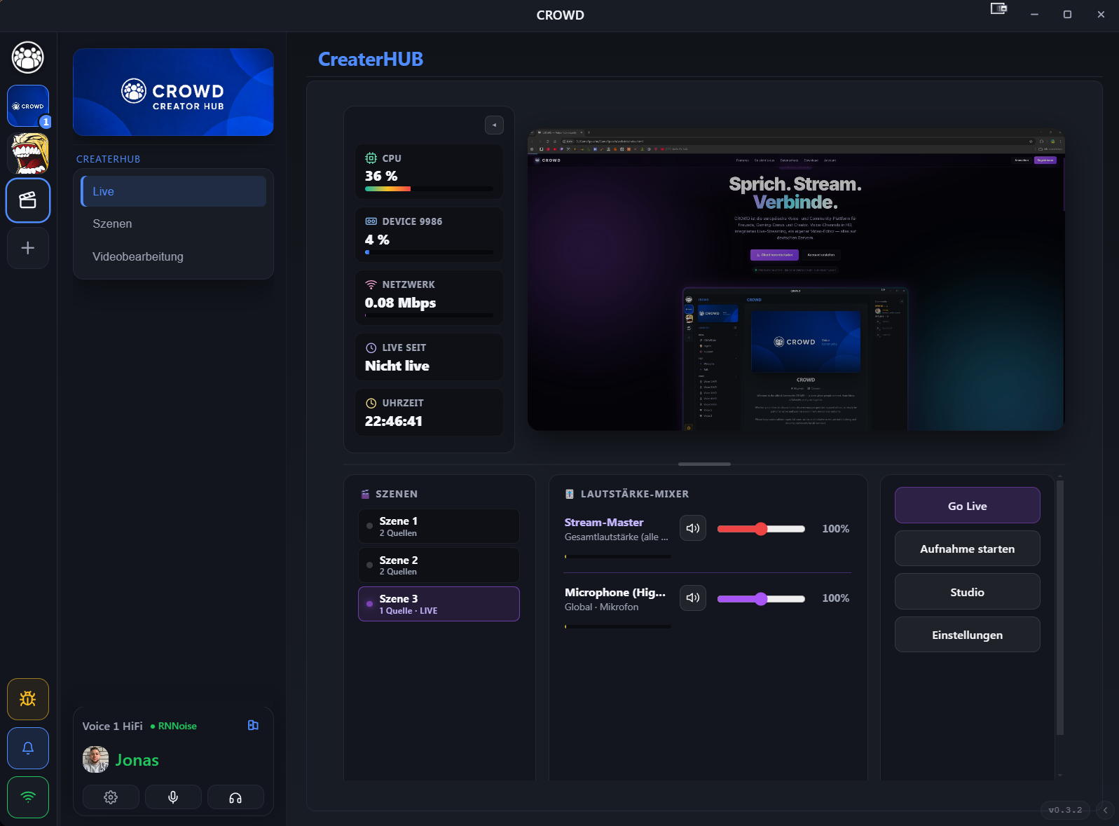 CreaterHUB Live-Übersicht