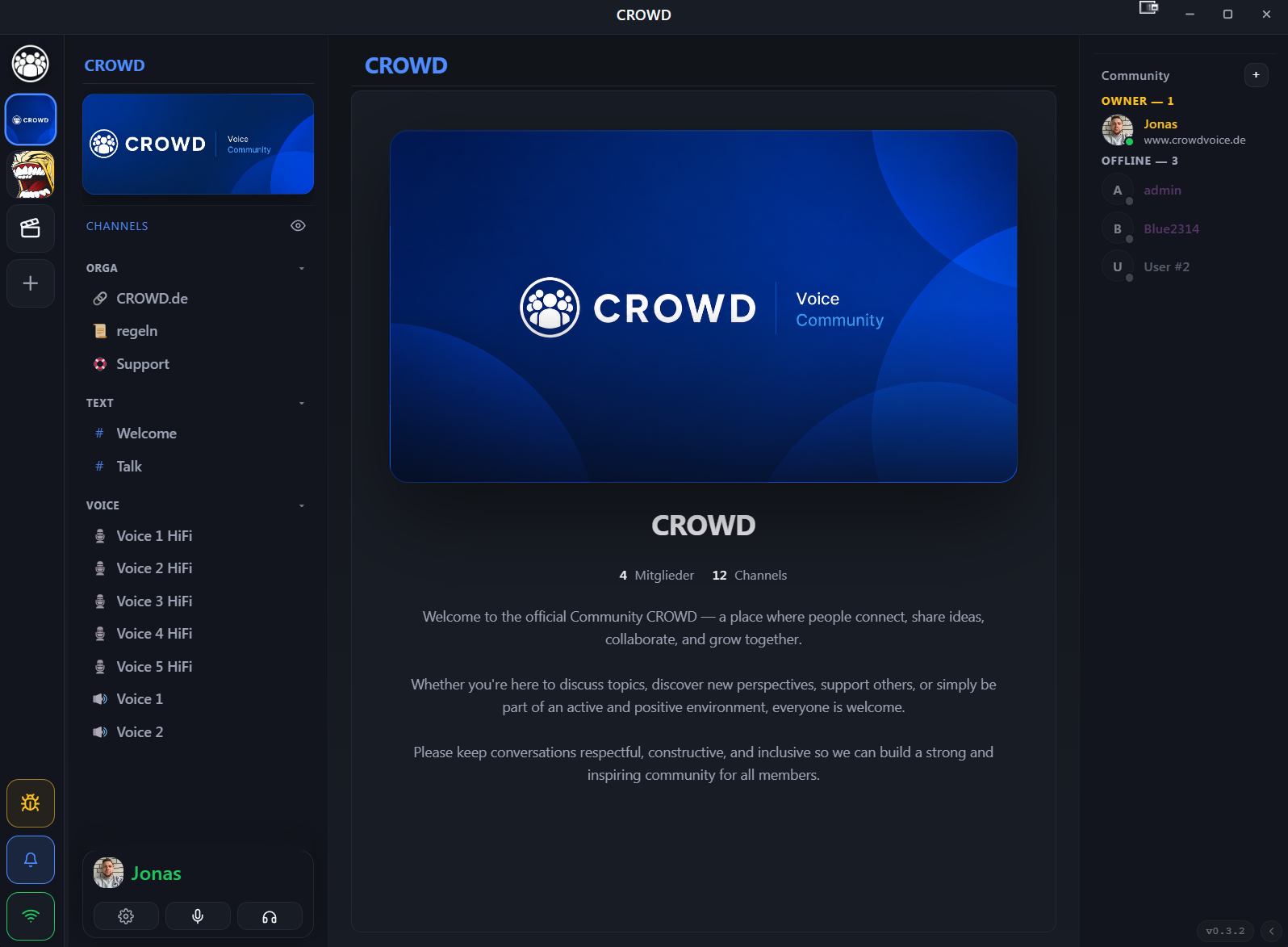 Screenshot des CROWD-Desktop-Clients mit der CROWD-Community, Channels und Mitgliederliste